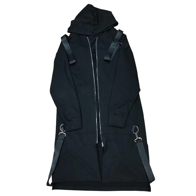 Nightclub DJ singer punk rock hooded trench coat ribbons long jacket stage costume men vintage zipper cloak gothic style cape