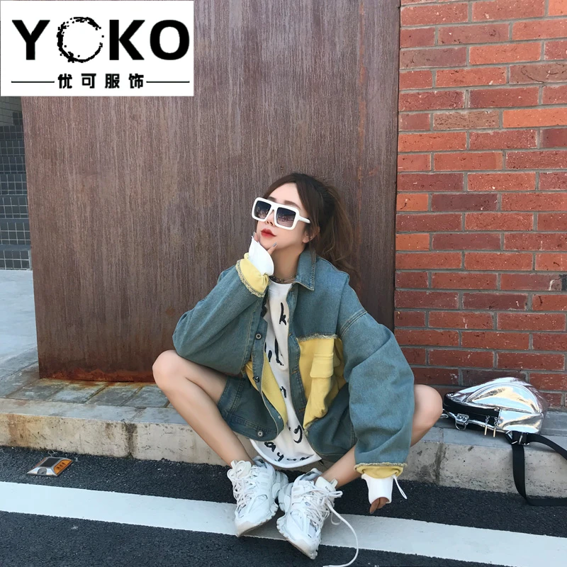 YOKO Женская негабаритная джинсовая куртка с воротником бойфренд джинсовая куртка с нагрудным карманом шикарный стиль пэчворк уличная куртка плюс