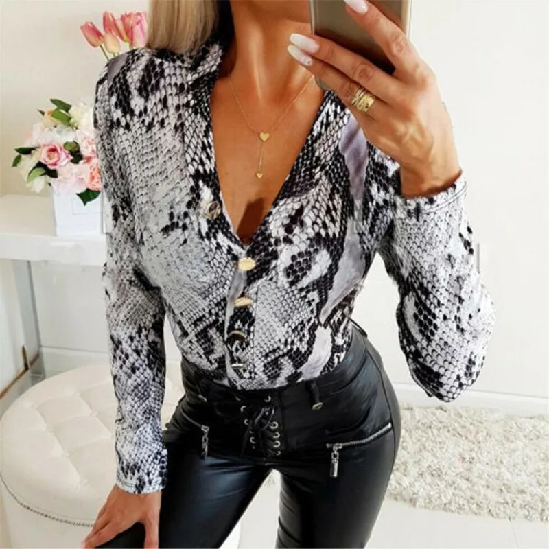 As Photo Show Women Long Sleeve Leopard Skin Prinetd Blouse Sexy Autumn Casual V-neck Blouse Shirt Slim V Neck Leotard Tops Fashion Slim Shirt - Цвет: As Photo Show