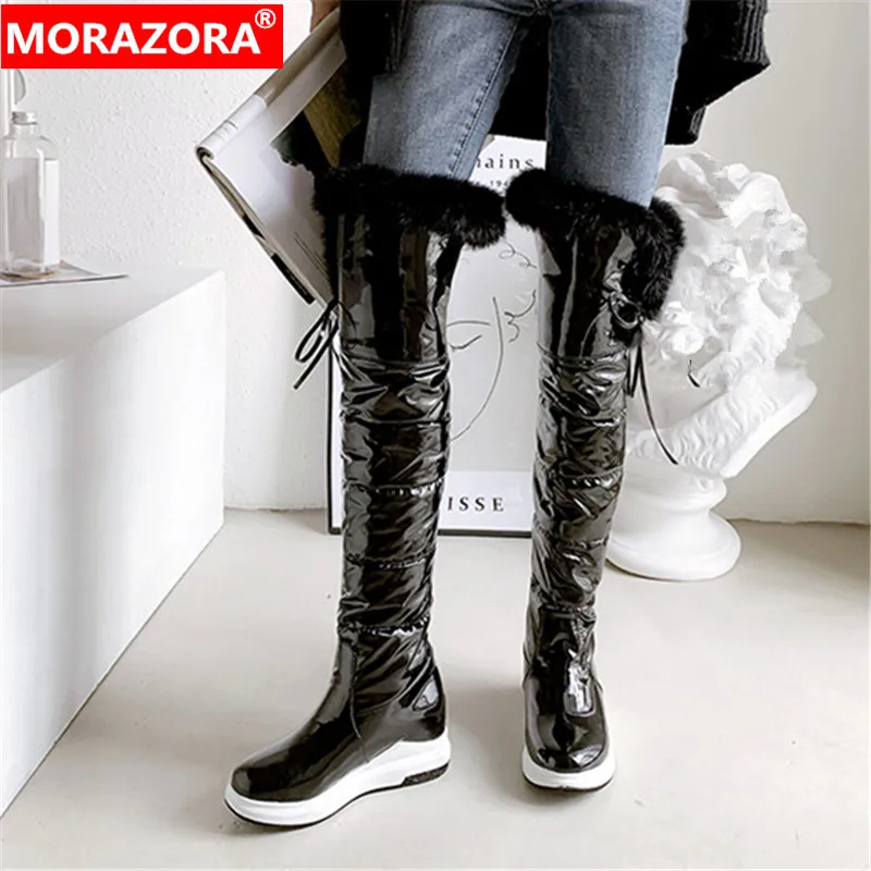 Женские сапоги на платформе MORAZORA черные до бедра водонепроницаемые плоской