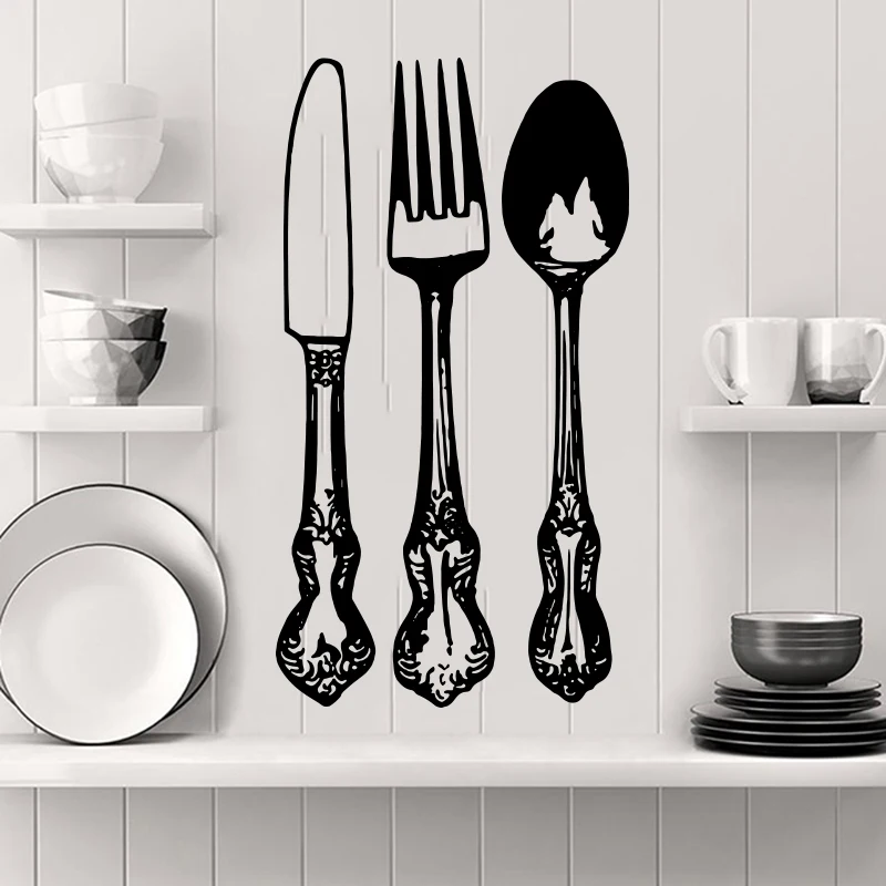 Large 3 Pcs Silverware Fork Spoon Knife Cabinet Door Wall Sticker Silverware Kitchen Tools Cabinet Wall Decal Kitchen Vinyl Deco (3)