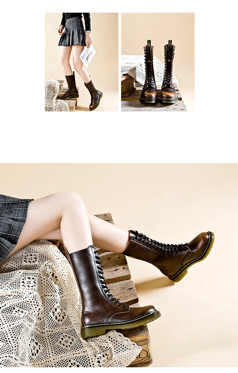 SWYIVY/Ботинки martin из натуральной кожи; женская повседневная обувь из коровьей кожи; модель года; высокие сапоги до середины икры с 14 отверстиями; женские высокие сапоги; Цвет Черный