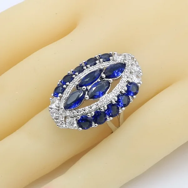 Dark Blue Zircon 925 Silver Jewelry Sets for Women Bracelet Earrings Necklace Pendant Ring Gift Box - Окраска металла: Ring