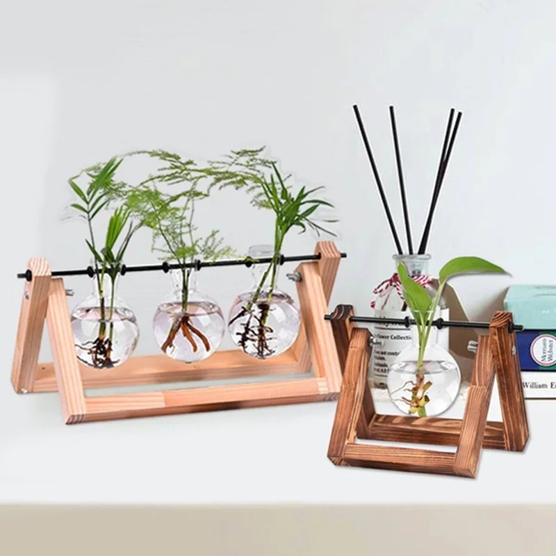 Fashion Transparent Vase Outdoor Micro Hydroponics Bracket Family Wooden Glass Beautiful Balcony Desktop Decoration