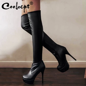 

Coolcept Plus Size 33-46 High Heels Women Boots Over The Knee Platform Sexy Boots Round Toe Zipper Long Boots Footwear