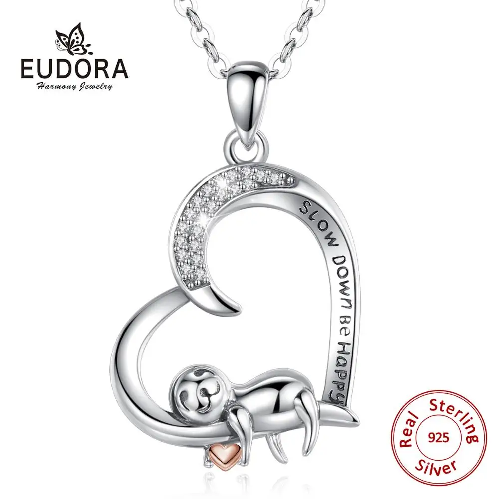 

EUDORA 925 Sterling Silver sloth necklace Cute Slow Crystal Heart Pendant with Slow down be Happy /Animal Fine Jewelry Gift D581