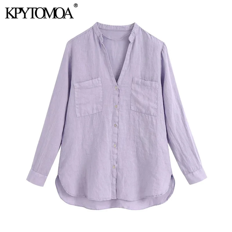 KPYTOMOA Women 2020 Fashion With Pockets Linen Blouses Vintage Long Sleeve Button-up Female Shirts Blusas Chic Tops KPYTOMOA Women 2020 Fashion With Pockets Linen Blouses Vintage Long Sleeve Button-up Female Shirts Blusas Chic Tops