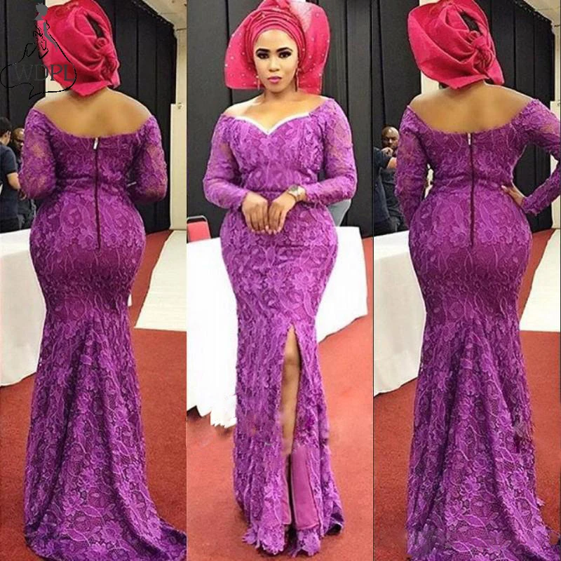 

Purple Long Sleeves Lace Prom Dresses Sexy Off Shoulder Side Split Mermaid Evening Dress African Nigeria Women Party Gowns