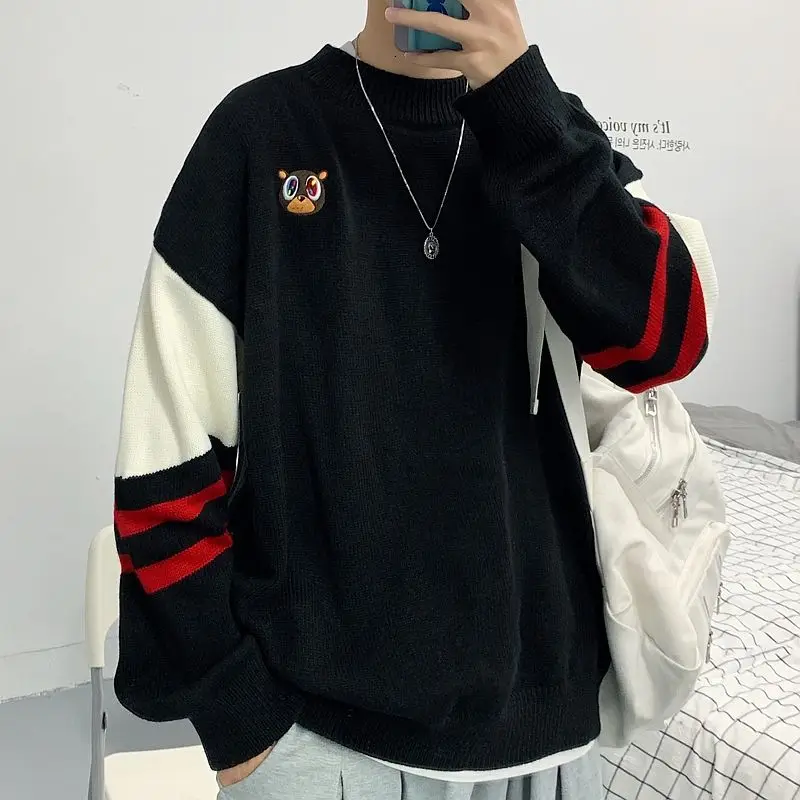 

2020 Autumn And Winter New Men's Knitted Stitching Fashion Casual Crewneck Embroidered Sweater Loose And Simple Coat Size M-2XL