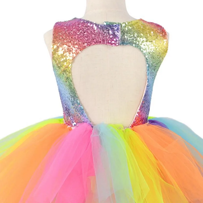 Kids Rainbow Unicorn Sequins Tutu Dress for Girls Backless Sleeveless Fancy Party Dress Children Birthday Theme Party Costumes