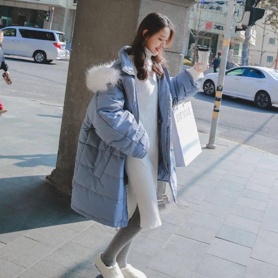 

Photo Shoot INS Sweet Tied Knot Neckerchief Hooded Model Large Fur Collar down Coat Drawstring Waist Hugging Light Blue Cotton-p