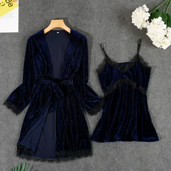 

Lady Navy Blue 2PCS Robe Suit Nightgown Nightwear Sexy Lounge Nightdress Velevet Lace Hollow Out Kimono Bathrobe Gown Nightwear