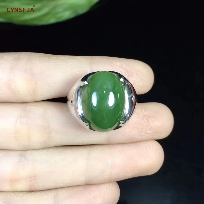 

CYNSFJA Real Certified Natural Hetian Jade Jasper Inlaid 925 Sterling Silver Men's Amulet Green Jade Rings Adjustable Best Gifts