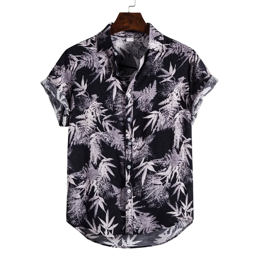 Verano de los hombres de la moda de Camisa hawaiana dibujo étnico botones de lino de algodón de manga corta Tops blusas playa Streetwear vacaciones Camisa