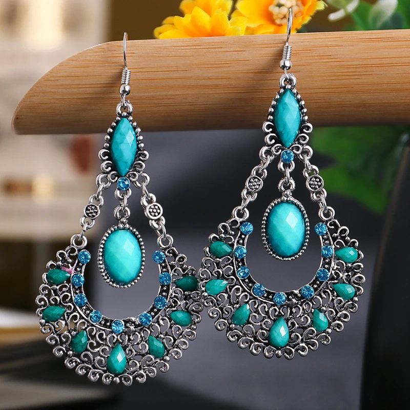 Ethnic Boho Women Drop Dangle Earrings Geometric Carved Hollow Bead Crystal Antique Silver Gold Color Bohemian Wedding Earrings drop earrings dangle earrings pendant earrings