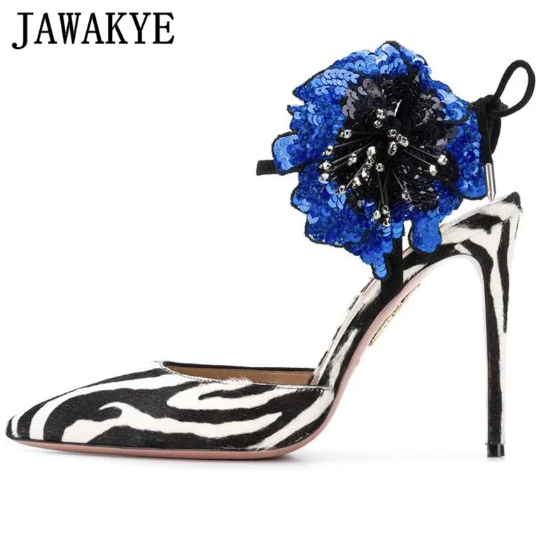 

Elegant Sequins flowers pumps women pointed toe suede horsehair super high stilettos woman back strap summer fashion sandals new