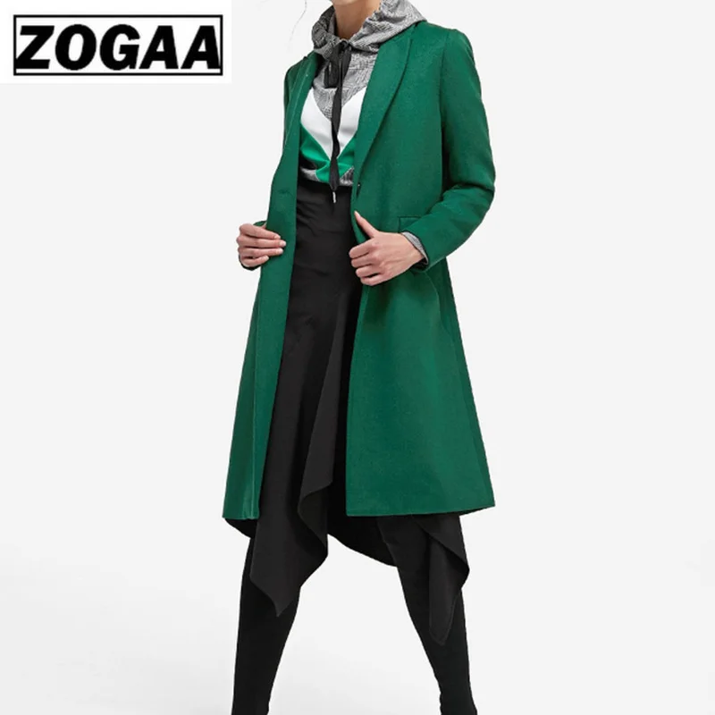 European winter women's dark green slim long sleeve style woollen long coat