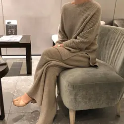 Trajes de punto para mujer, conjunto de pantalones de punto a la moda, suéteres gruesos sueltos, pantalones de pierna ancha, conjunto de dos piezas, nuevo, Invierno