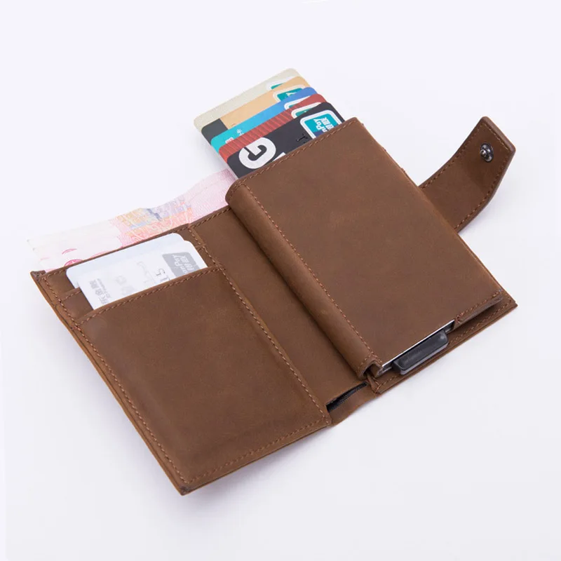 DIENQI RFID визитница Для мужчин кошельки модные Короткий Мужской кошелек мешочек с деньгами кошелёк небольшой бренд класса люкс, складываются в три раза кожаный бумажник ва - Цвет: Brown
