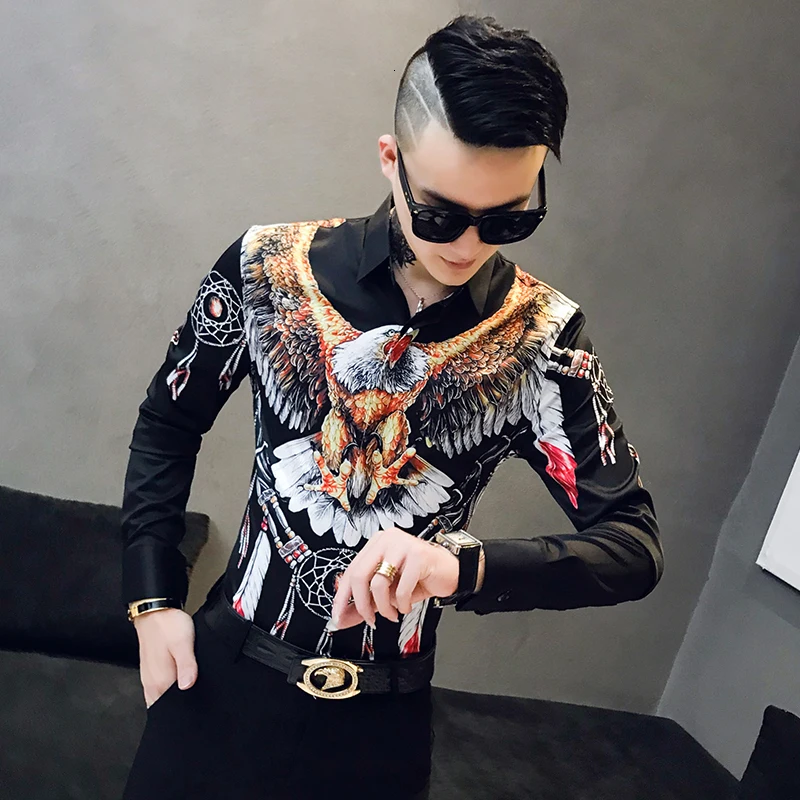 black Осенняя мужская Модная приталенная рубашка с коротким рукавом Camisa Masculina, Повседневная Уличная Мужская рубашка с принтом орла - Цвет: black