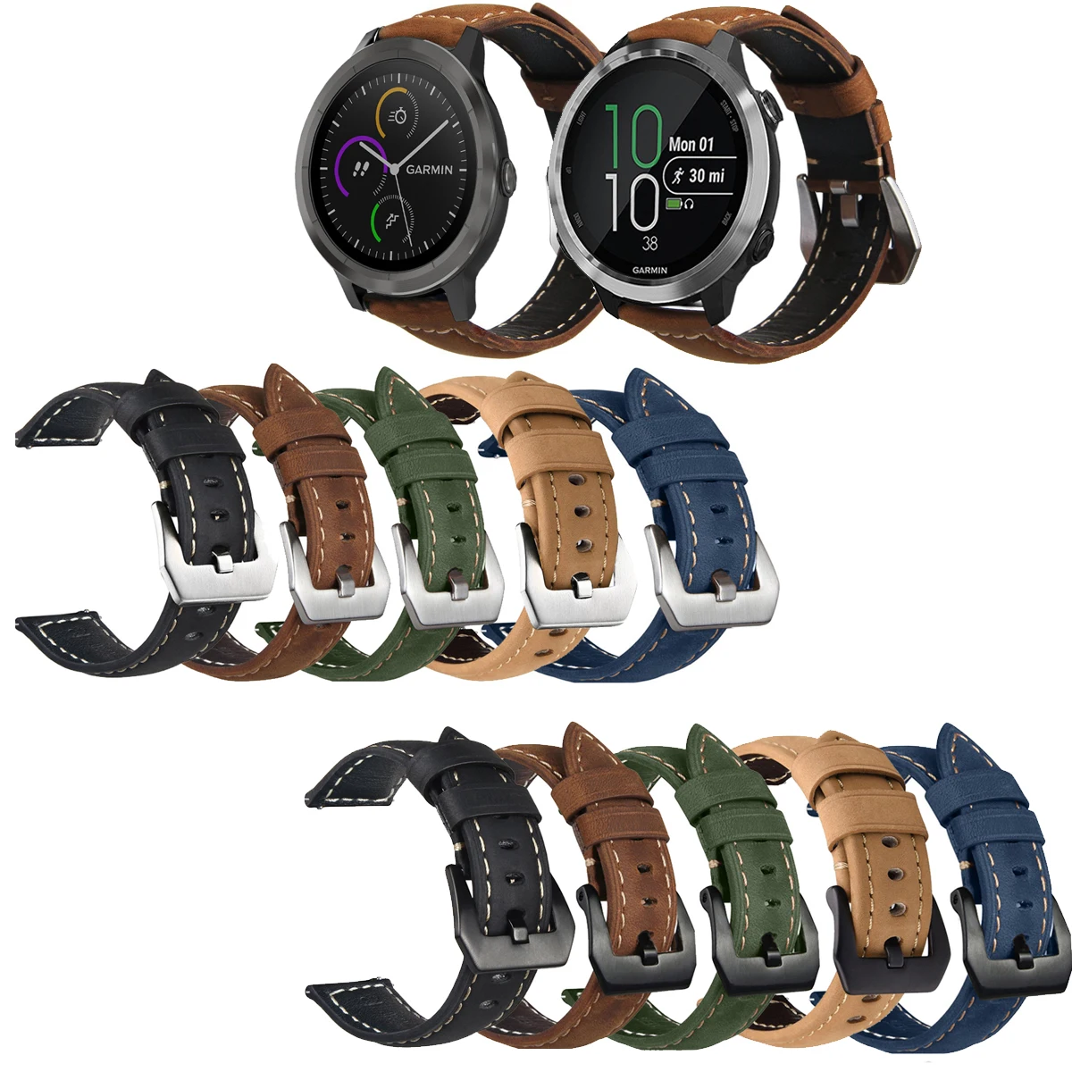 

20mm Crazy Horse Genuine Leather Strap for Garmin Forerunner 645 245 55 158 / Vivoactive 3 / Active 5 / Venu Sq 2 watchbands