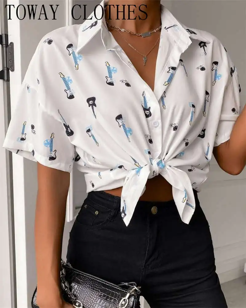 

Graphic Print Button Front Short Sleeve Shirt Turn-down Collar Casual Shirt Summer Top