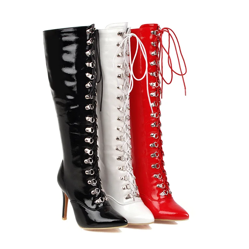 Пикантные сапоги до колена на шнуровке размера плюс 48 Модные женские высокие сапоги на высоком каблуке Женская обувь для вечеринок с острым носком красного и белого цвета