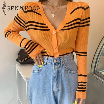 

Genayooa Stripe Sexy Cardigan Women Sweaters V Neck New Arrivals Knitted Cardigans Women Slim Autumn Jumper Ladies Thin 2019