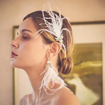 

Vintage Pearls Bridal Hair Vine Headband White Feather Party Prom Hair Jewelry Fashion Wedding Accessories 2020