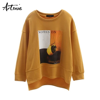 

Artsnie streetwear casual Geometric sweatshirt women o neck long sleeve oversized hoodies autumn 2019 yellow split sweatshirts
