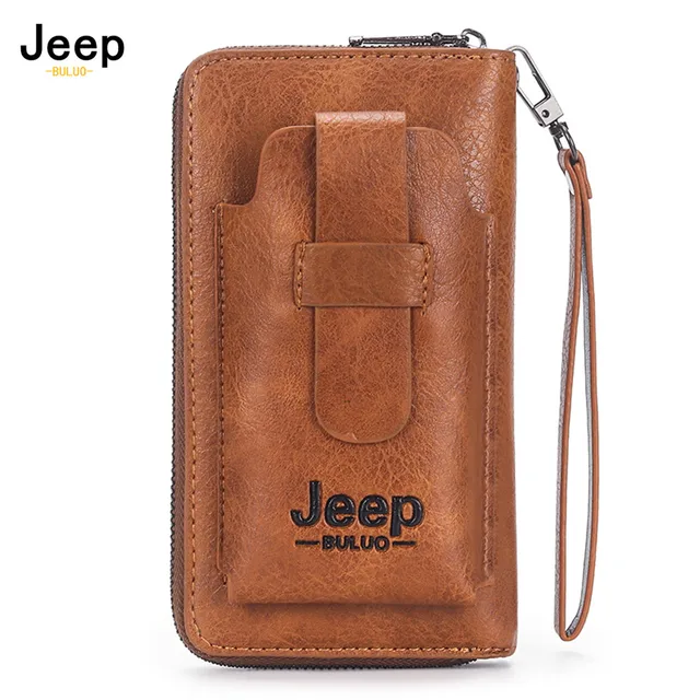 JEEP BULUO skórzany męski portfel marki torebka na telefon podwójny zamek błyskawiczny luksusowy portfel skórzany kopertówka o dużej pojemności 1
