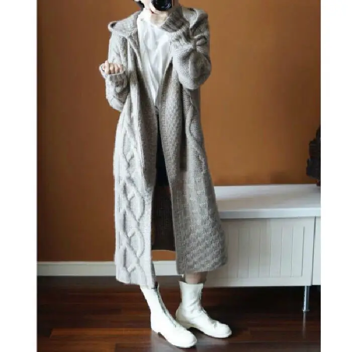

South Korea Sweater Coat Women's Mid-length Laziness-Style Loose-Fit Cardigan Linen Flower Color Chunky Sweater Coat