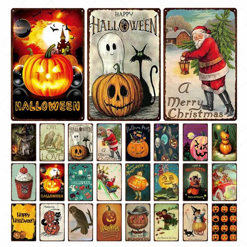 

Christmas Halloween Metal Sign Plaque Pumpkin Santa Claus Metal Poster Vintage Pin Up Art Painting Club Shop Home Decoration
