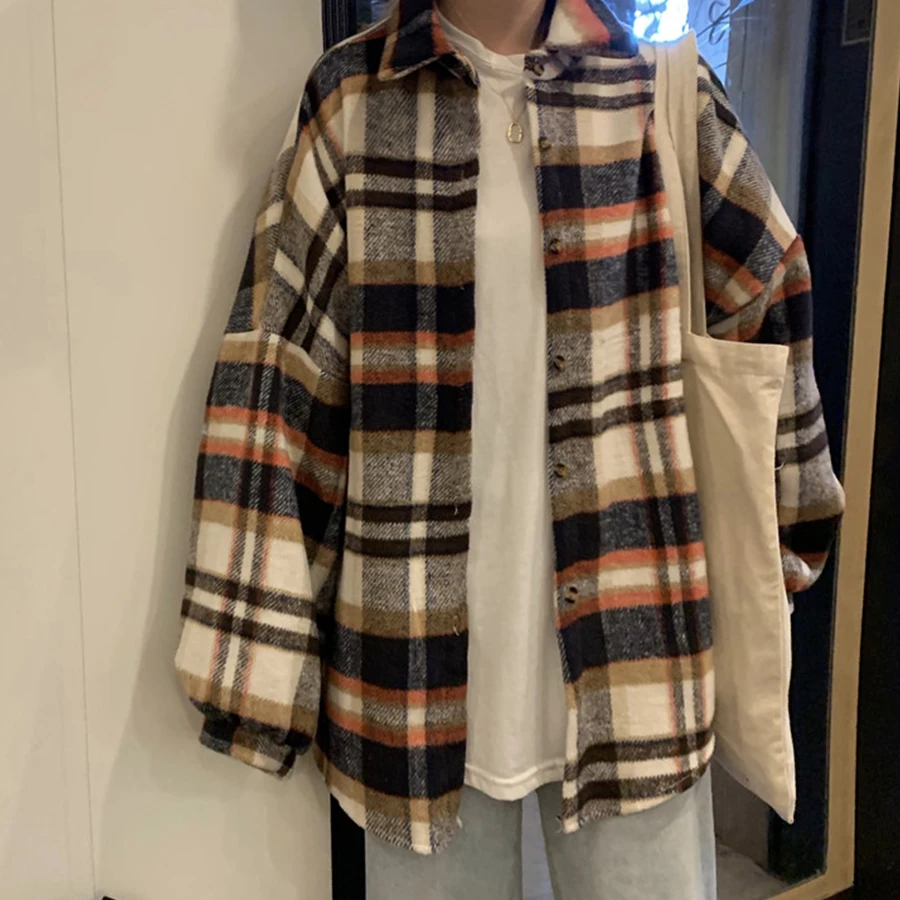 Ceny Koreańska krata koszula damska odzież Harajuku jednorzędowy długi rękaw jesienna koszula damska klapa duży rozmiar koszula kobieta 2019