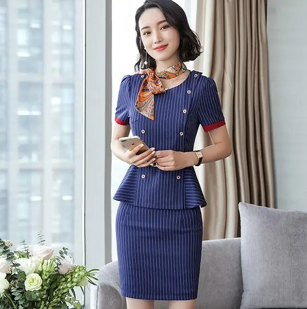 blueskrit suit Деловая юбка, костюм, женская летняя полосатая модная женская одежда, официальный Блейзер и юбка для интервью, Офисная Спецодежда больших размеров - Цвет: blueskrit suit