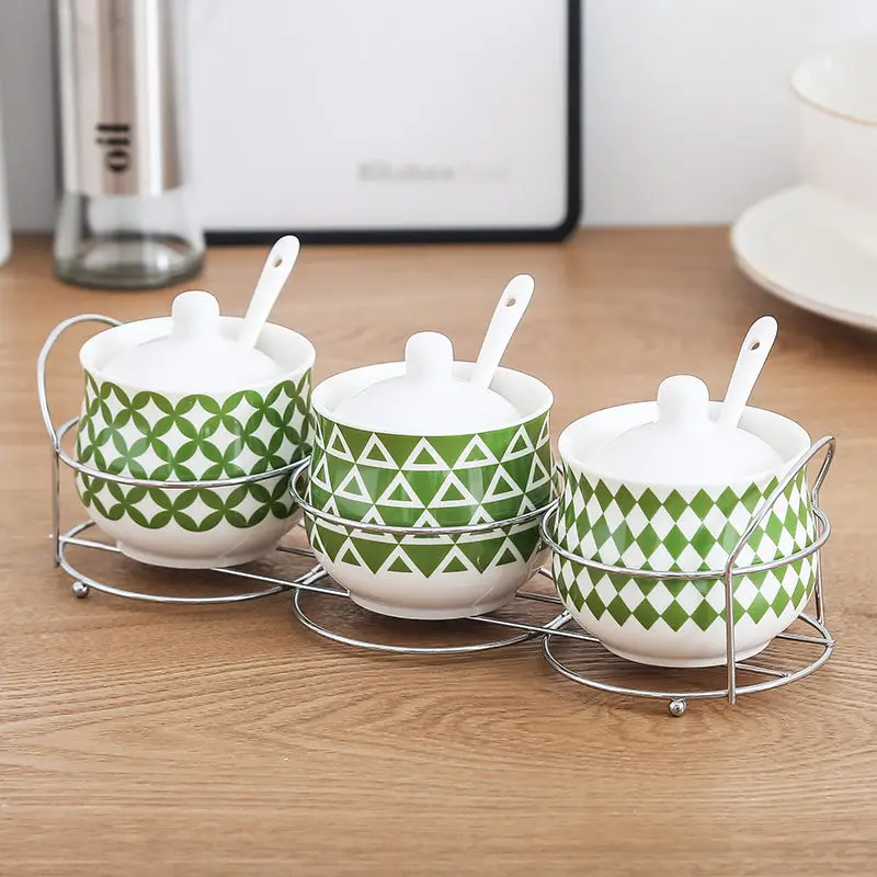 

Household Salt Shaker Three-piece Spice Box Ceramic Seasoning Jar Four-piece Box Kitchen Seasoning Bottle Seasoning Salt Shaker