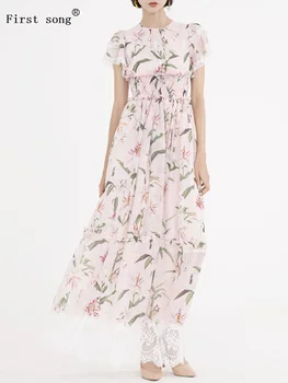 

Shipping tight-fitting heavy craft applique stitching lace lace swing dress women's summer fashion temperament pleated dress XL