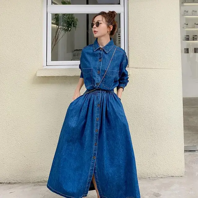 Spring Long Denim Dress Women 2023 Fashion Autumn Long sleeve Turn  