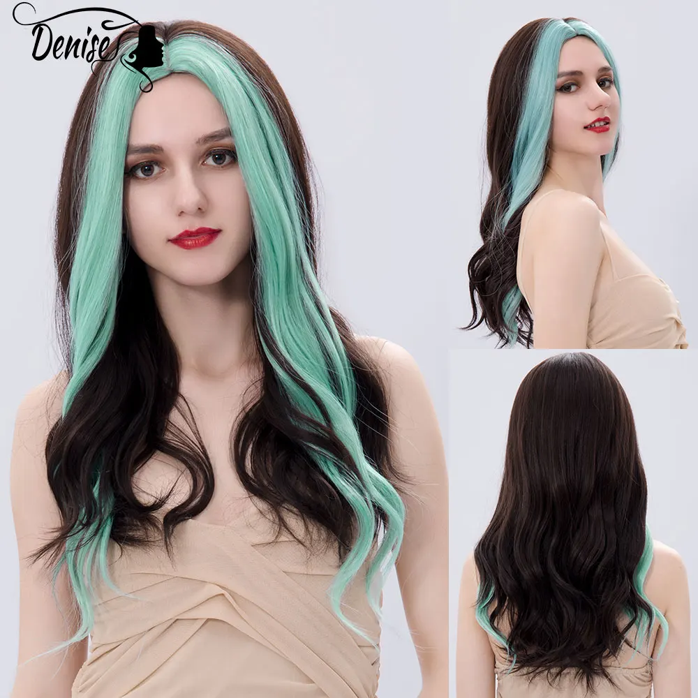 

Long Green Half Brown Wave Natural Cosplay Colored Hair Synthetic Wig For White Women Heat Resistant Female Daily Fiber Wigs