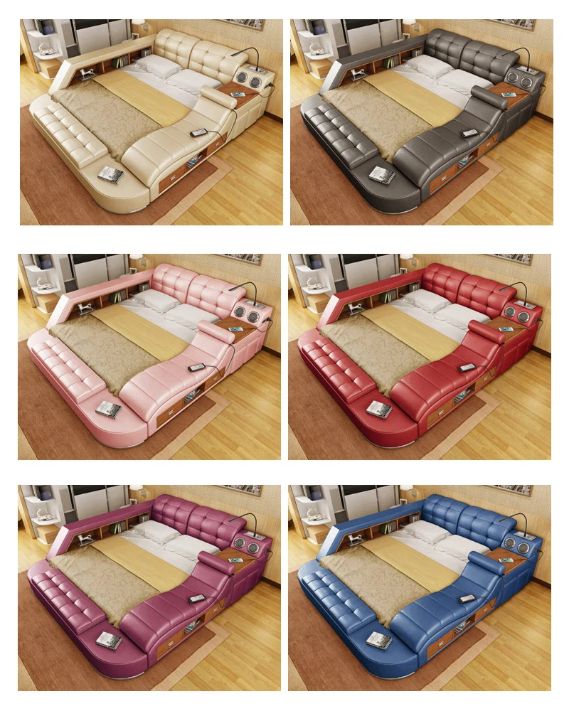 Массажная двойная кровать CBMMART из натуральной кожи с ящиком для хранения сейфом