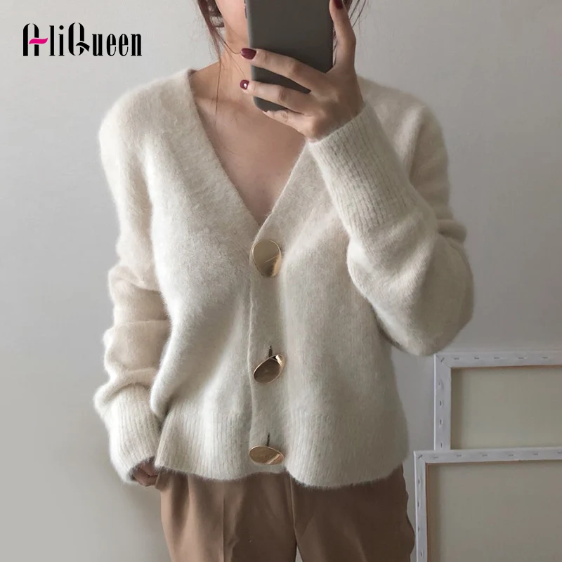 

2019 Autumn Fashion Women Long Sleeve Warm Soft Winter Cardigans Ladies Single-Breasted V-Neck Knitted Korean Oversized Sweater