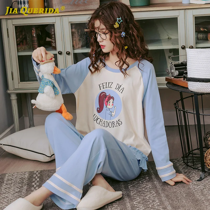 Spring Blue Top Blue Pants Cartoon Printing Pajamas Set Homesuit Homeclothes Fashion Style Long Sleeve Long Pants Sleepwear