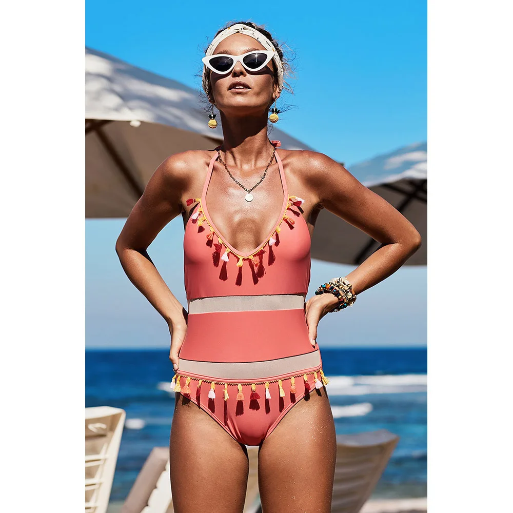 

Women Mesh Patchwork One-piece Swimsuit Sexy Neck and Back Swimsuit