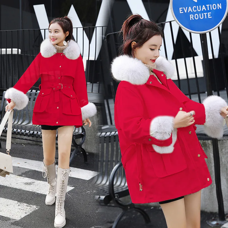 

2019 Winter New Style Korean-style Mid-length Waist Hugging Fur Collar Workwear Brushed And Thick Cotton-padded Clothes Female J