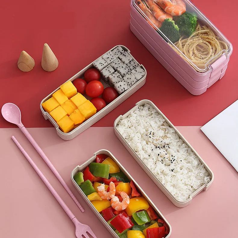 

Kitchen 900ml Healthy Material Lunch Box 3 Layer Wheat Straw Bento Boxes Microwave Dinnerware Food Storage Container Lunchbox