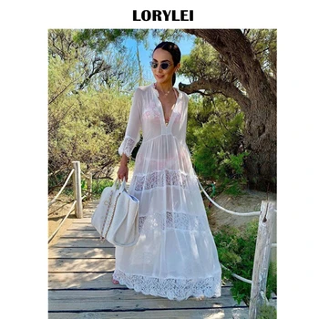 

2020 Elegant Lace Patchwork High Waist Loose Summer A Line Dress White Cotton Tunic Sexy Deep V-neck Women Beach Maxi Dress Q988