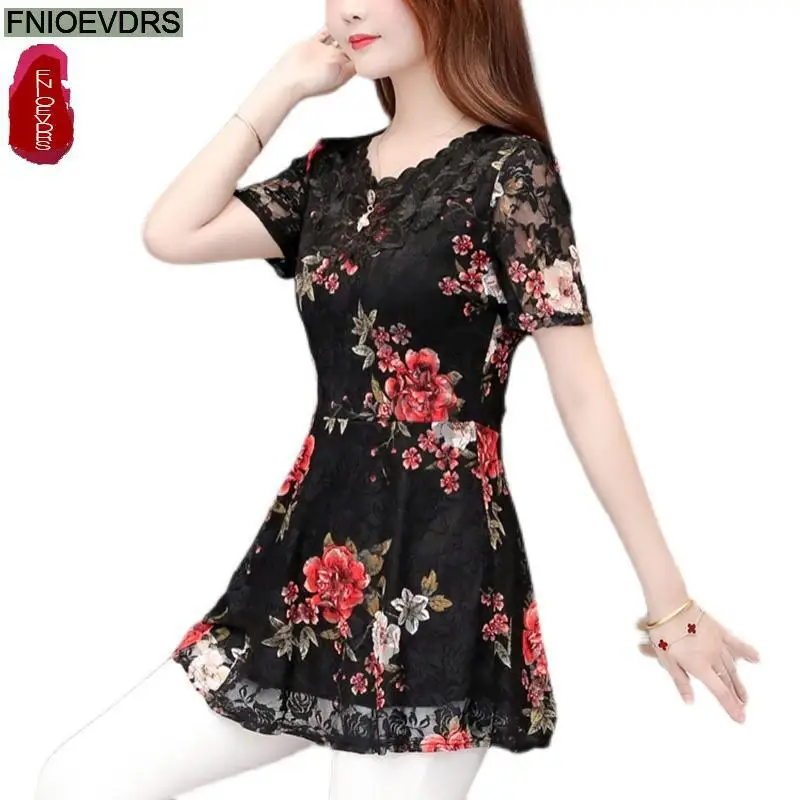 Plus Size 5XL 4XL 3XL Clothes Elegant Blusas Women Blouse Fashion Office Lady Belly Black Lace Vintage Retro Tunic Peplum Tops | Женская