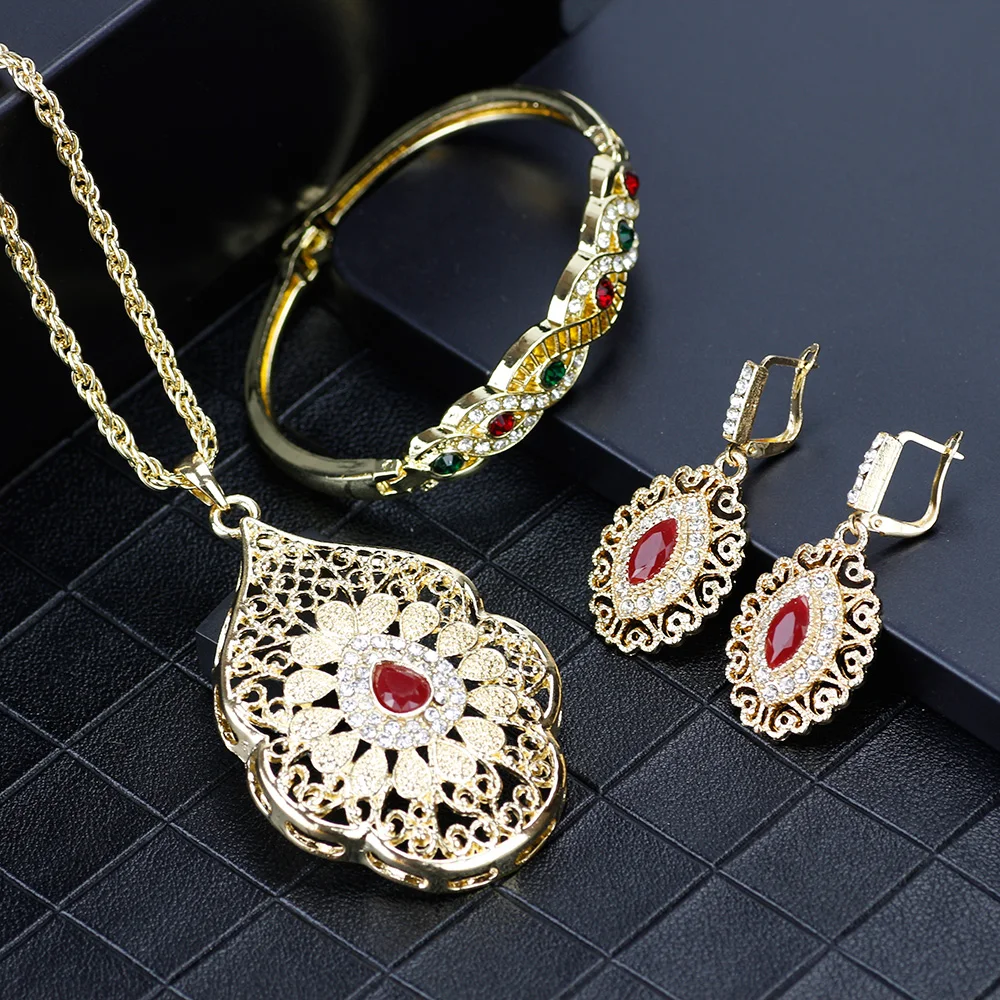 Gold Color Arabic Necklace Earring Cuff Bracelet