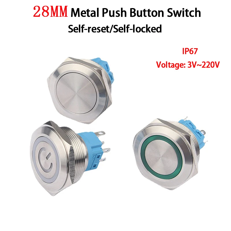 

28mm Metal Push Button Switch Waterproof Latching Momentary Doorebll Horn LED Car Auto Engine Start PC Power Symbol with light