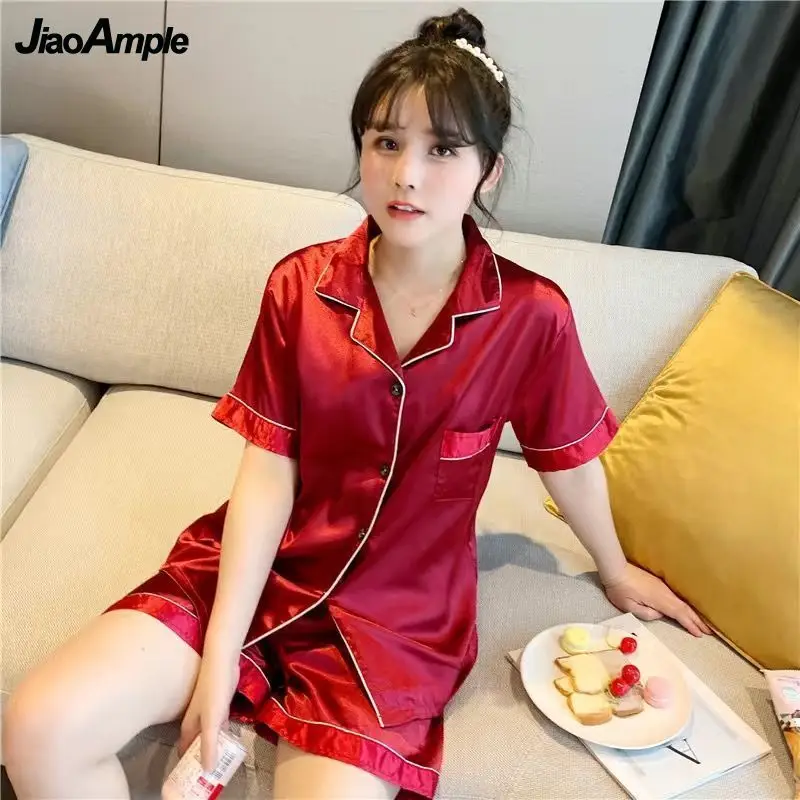 2022 New Women's Pajamas Summer Ice Silk Short Thin Pijamas Two Piece Loose Solid Color Sexy Sleepwear Nightie Homewear